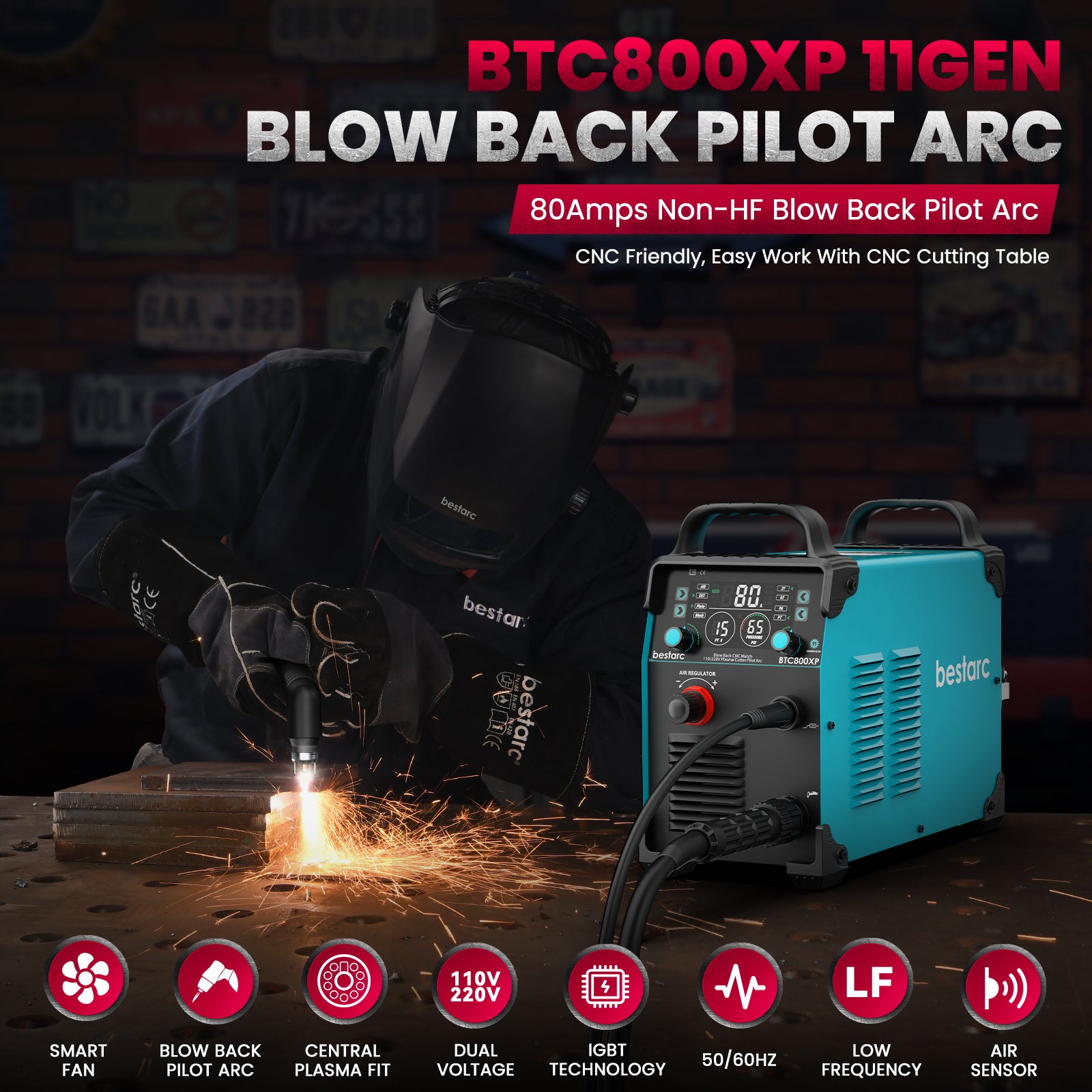 110V/220V Dual Voltage Non-HF CNC Plasma Cutter, 80A Blow Back