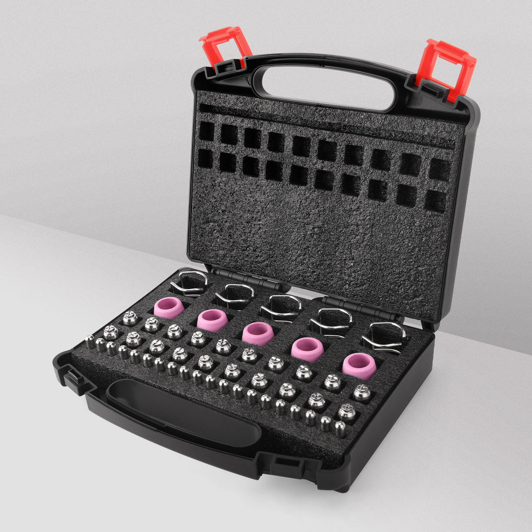 plasma cutter consumables set neatly organized in bestarc storage case with foam insert, including nozzles, electrodes and shield cups for safe transport and storage.