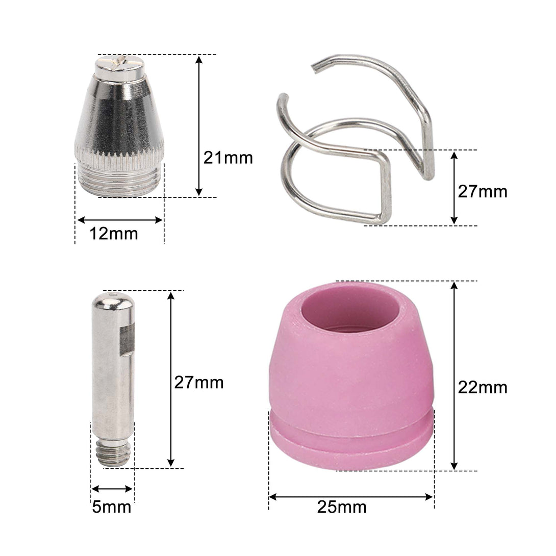 plasma cutter consumables dimensions showing nozzle and electrode with .040in orifice, electrode, shield cup and retaining cap sizes