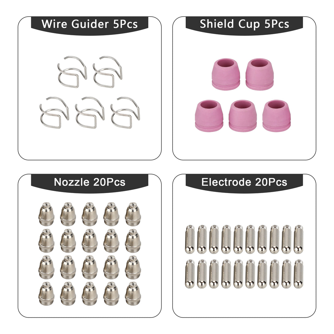 AG60P plasma cutting consumables set including 5 wire guiders, 5 shield cups, 20 nozzles, and 20 electrodes.