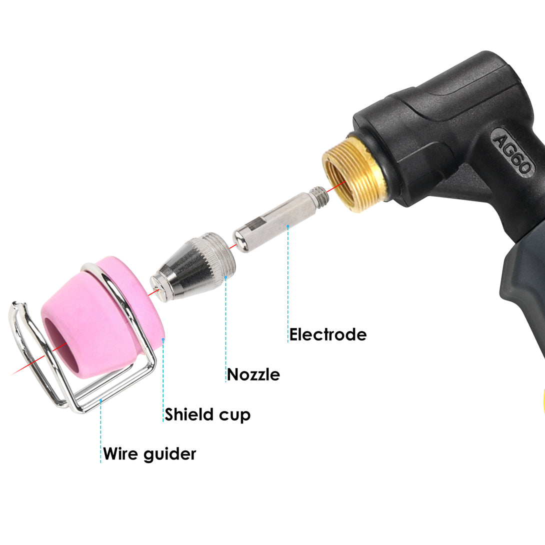 AG60P plasma cutter consumables installation order showing electrode, nozzle, shield cup, and wire guider assembly.