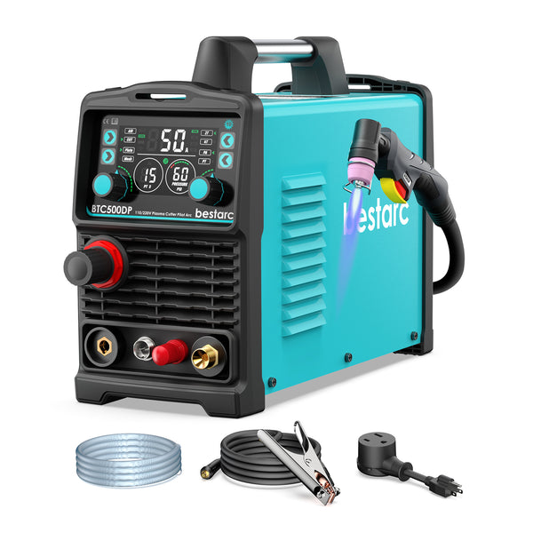 bestarc BTC500DP 10GEN 50A pilot arc plasma cutter with accessories: torch, tips, ground clamp, power adapter, and user manual.