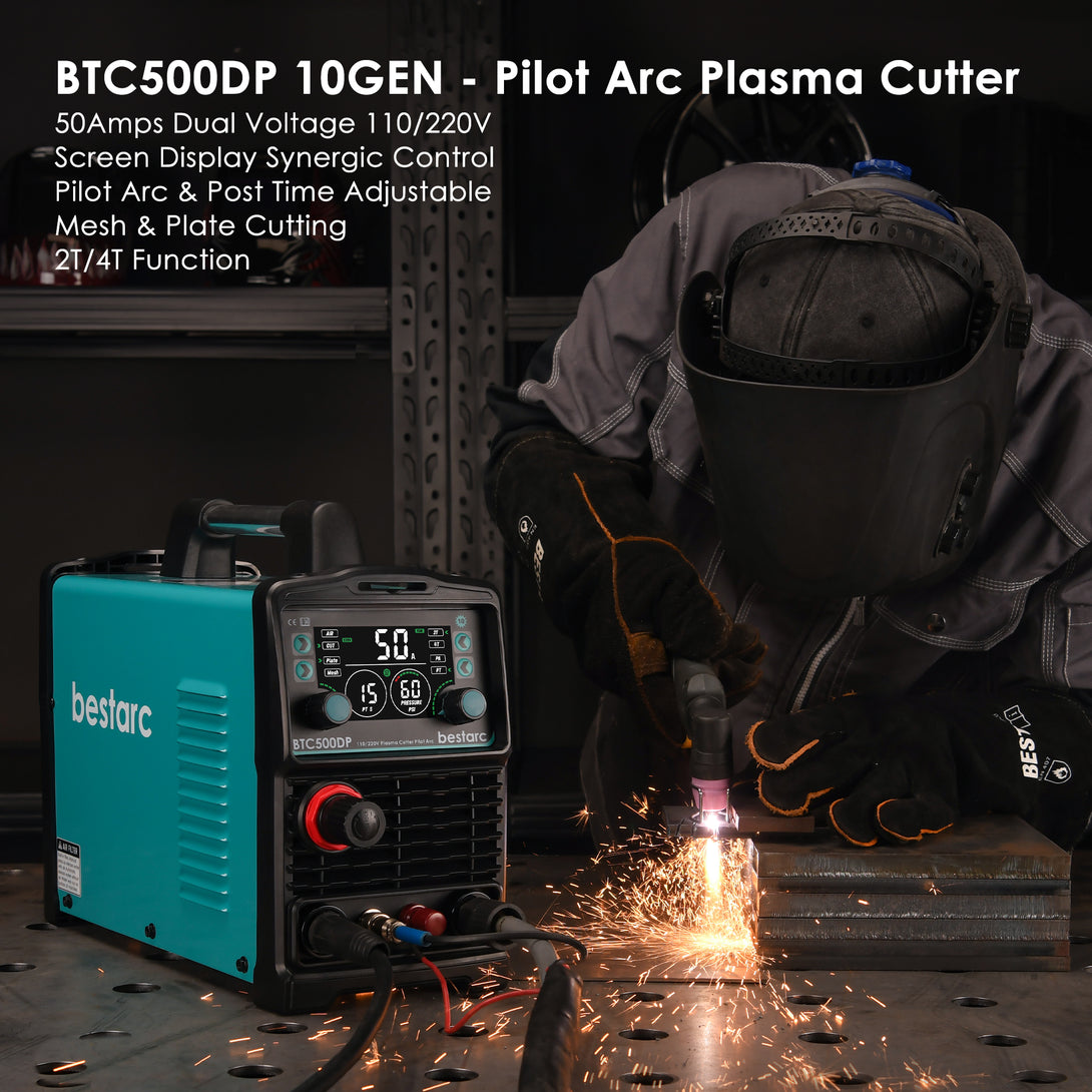 BTC500DP 10GEN pilot arc plasma cutter 50A dual voltage 110V 220V with digital screen display, synergic control, post time adjustment, mesh and plate cutting, 2T 4T function