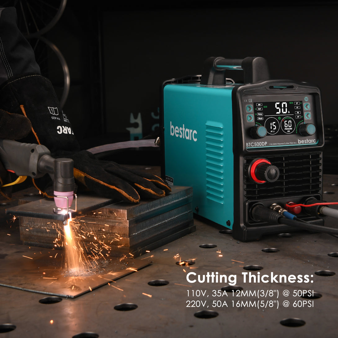 BTC500DP 10GEN plasma cutter cutting thickness chart showing 12mm (3/8 inch) at 110V 35A 50PSI and 16mm (5/8 inch) at 220V 50A 60PSI.