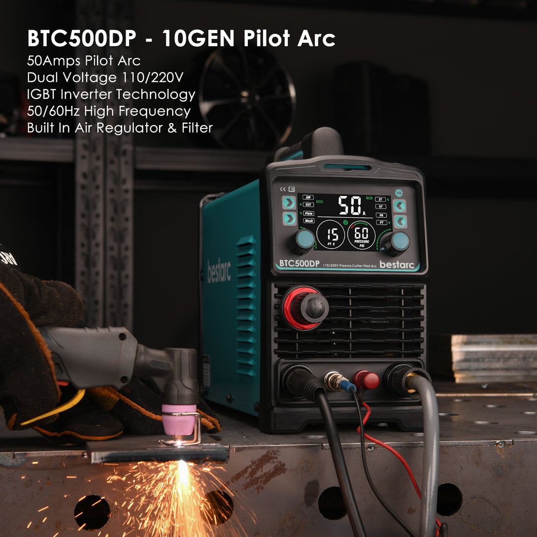 BTC500DP-10GEN pilot arc plasma cutter 50A dual voltage 110V 220V with IGBT inverter technology, 50 60Hz high frequency, built-in air regulator and filter