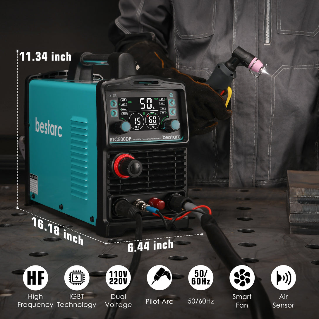 BTC500DP-10GEN pilot arc plasma cutter with high frequency, IGBT inverter technology, dual voltage 110V 220V, smart fan, air pressure sensor, 50 60Hz, compact size 11.34 x 16.18 x 6.44 inches