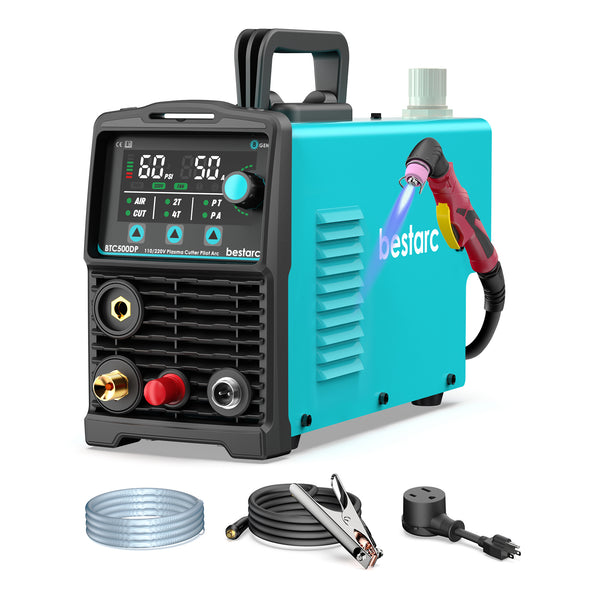 bestarc BTC500DP 8GEN 50A pilot arc plasma cutter with accessories: torch, tips, ground clamp, power adapter, and user manual.
