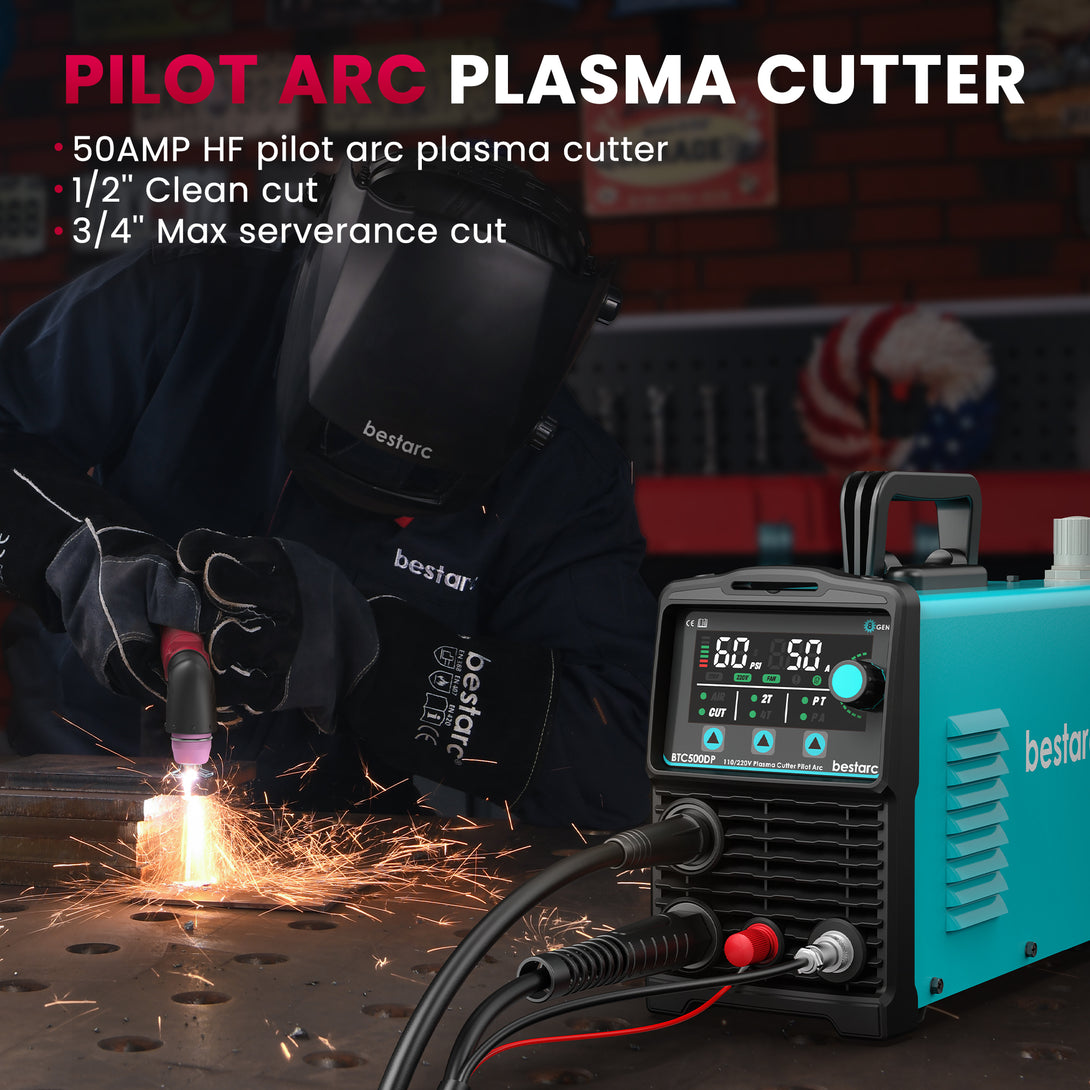 bestarc BTC500DP 8GEN 50A HF pilot arc plasma cutter showing clean cut up to 1/2 inch and max severance cut of 3/4 inch.
