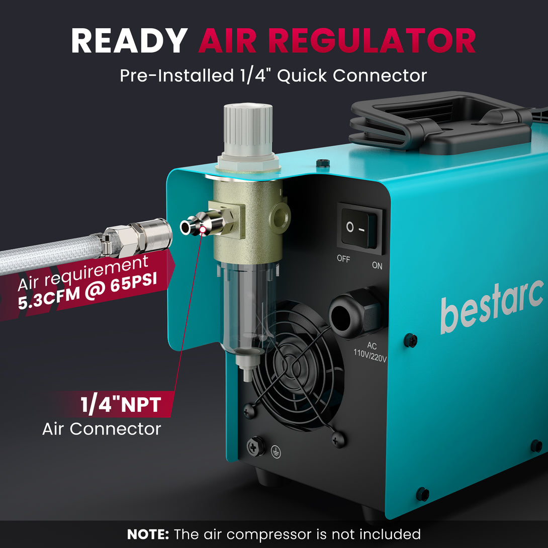 bestarc BTC500DP 8GEN plasma cutter with pre-installed 1/4 inch quick connector air regulator requiring 5.3 CFM at 65 PSI