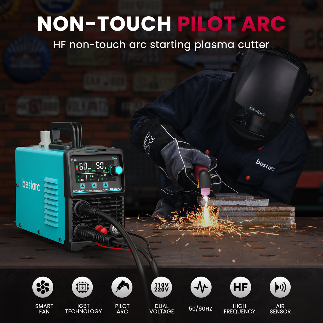 bestarc BTC500DP 8GEN 50A non-touch pilot arc plasma cutter featuring smart fan, IGBT technology, dual voltage, and air sensor.