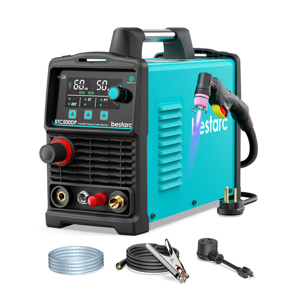 bestarc BTC500DP 9GEN 50A pilot arc plasma cutter with accessories: torch, tips, ground clamp, power adapter, and user manual.