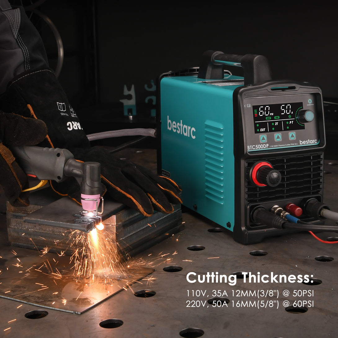 BTC500DP 10GEN plasma cutter cutting thickness chart showing 12mm (3/8 inch) at 110V 35A 50PSI and 16mm (5/8 inch) at 220V 50A 60PSI.