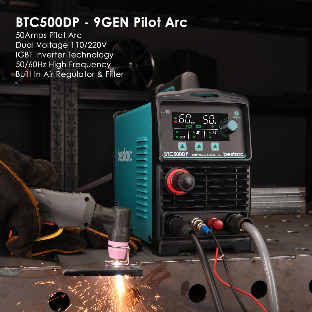 BTC500DP-9GEN pilot arc plasma cutter 50A dual voltage 110V 220V with IGBT inverter technology, 50 60Hz high frequency, built-in air regulator and filter