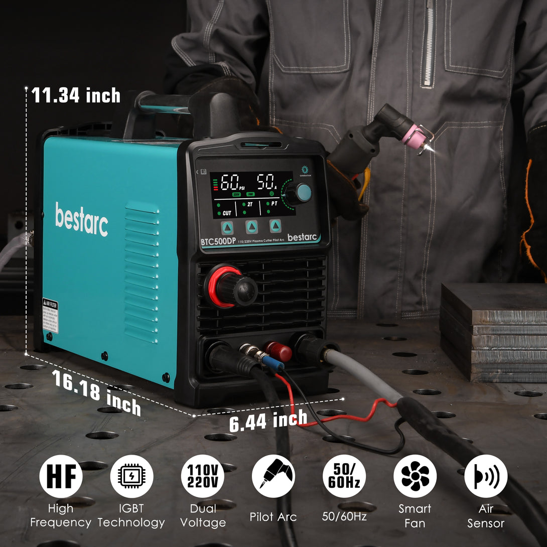 BTC500DP-10GEN pilot arc plasma cutter with high frequency, IGBT inverter technology, dual voltage 110V 220V, smart fan, air pressure sensor, 50 60Hz, compact size 11.34 x 16.18 x 6.44 inches