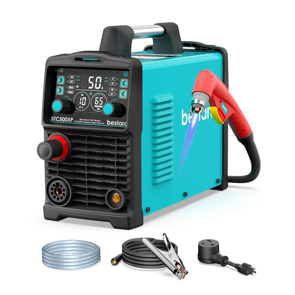 bestarc BTC500XP 11GEN 50A non-touch pilot arc plasma cutter with accessories: torch, tips, ground clamp, power adapter, pilot arc plug and user manual.