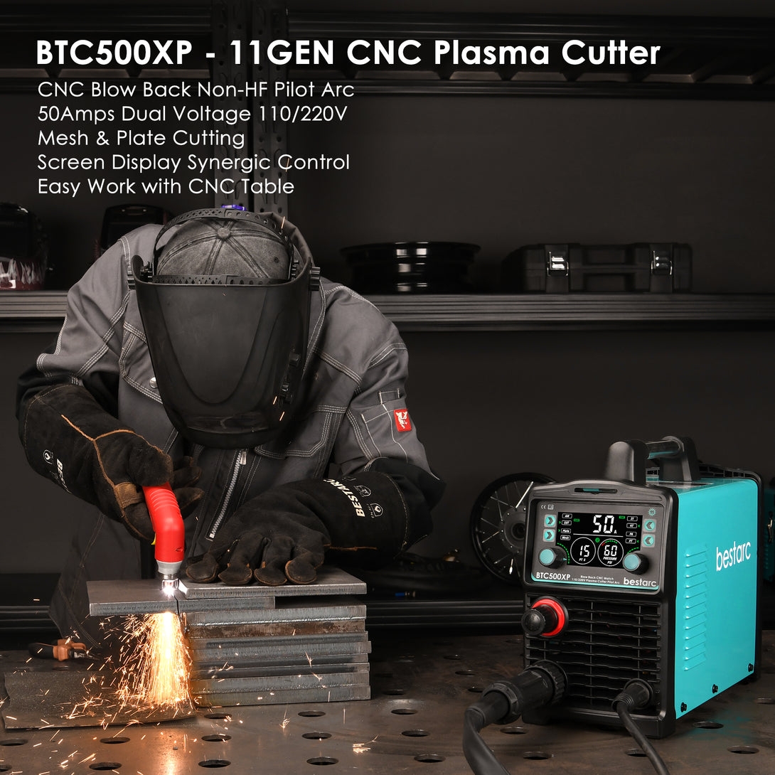 BTC500XP-11GEN CNC Plasma Cutter with digital display, showing dual-voltage (110V/220V) capability, 50-amp output, and blow-back pilot arc technology. Designed for easy integration with CNC tables, supporting mesh and plate cutting with synergic control.
