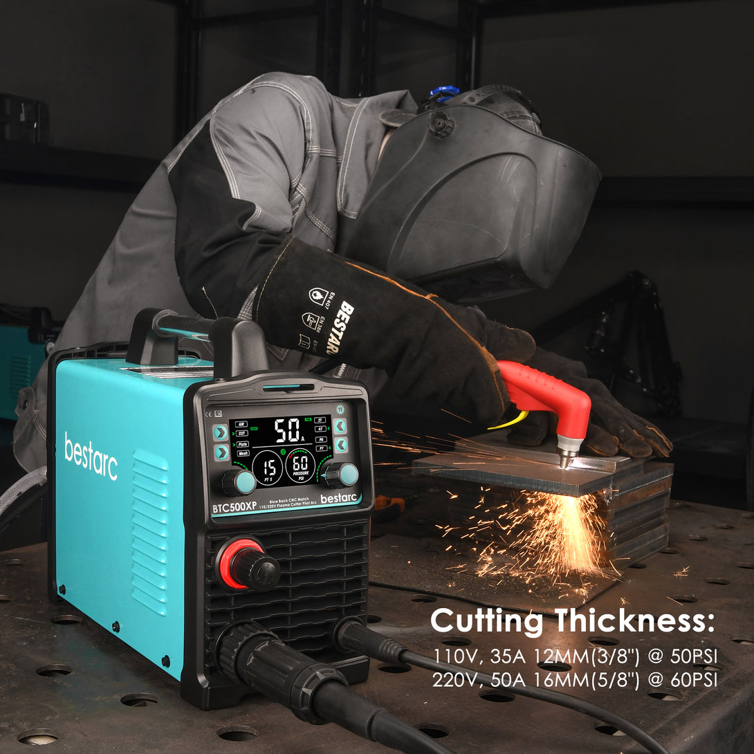 BTC500XP 11GEN plasma cutter cutting thickness chart showing 12mm (3/8 inch) at 110V 35A 50PSI and 16mm (5/8 inch) at 220V 50A 60PSI.