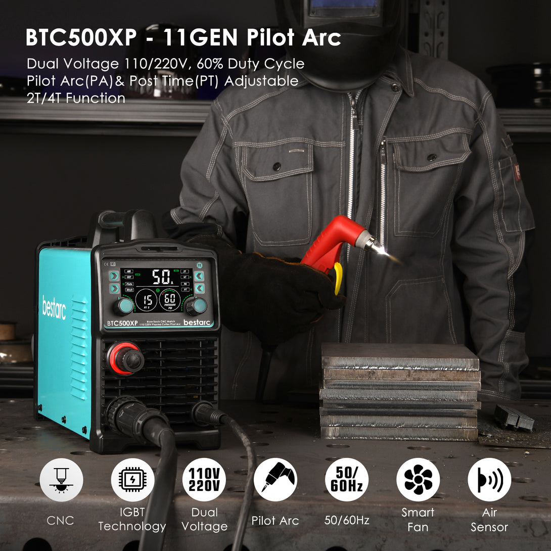 BTC500XP-11GEN pilot arc pasma cutter features dual voltage (110V/220V), 60% duty cycle, adjustable pilot arc and post time settings, CNC technology, IGBT technology, smart fan cooling, air sensor, and a 2T/4T function. 
