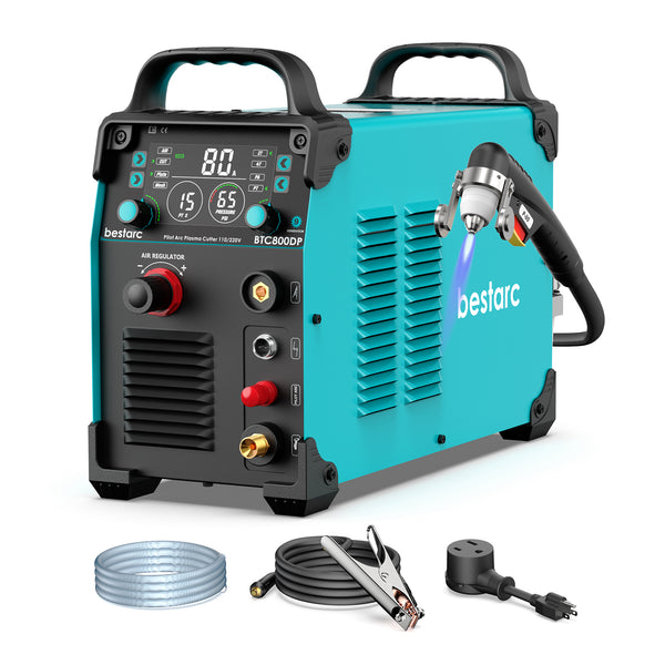 bestarc BTC800DP 9GEN 80A pilot arc plasma cutter with accessories: torch, tips, ground clamp, power adapter, and user manual.