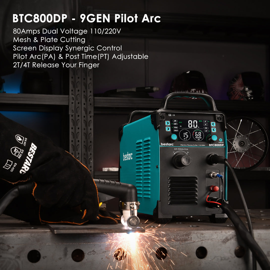 BTC800DP 9GEN pilot arc plasma cutter 80A dual voltage 110V 220V with digital screen display, synergic control, post time adjustment, mesh and plate cutting, 2T 4T function