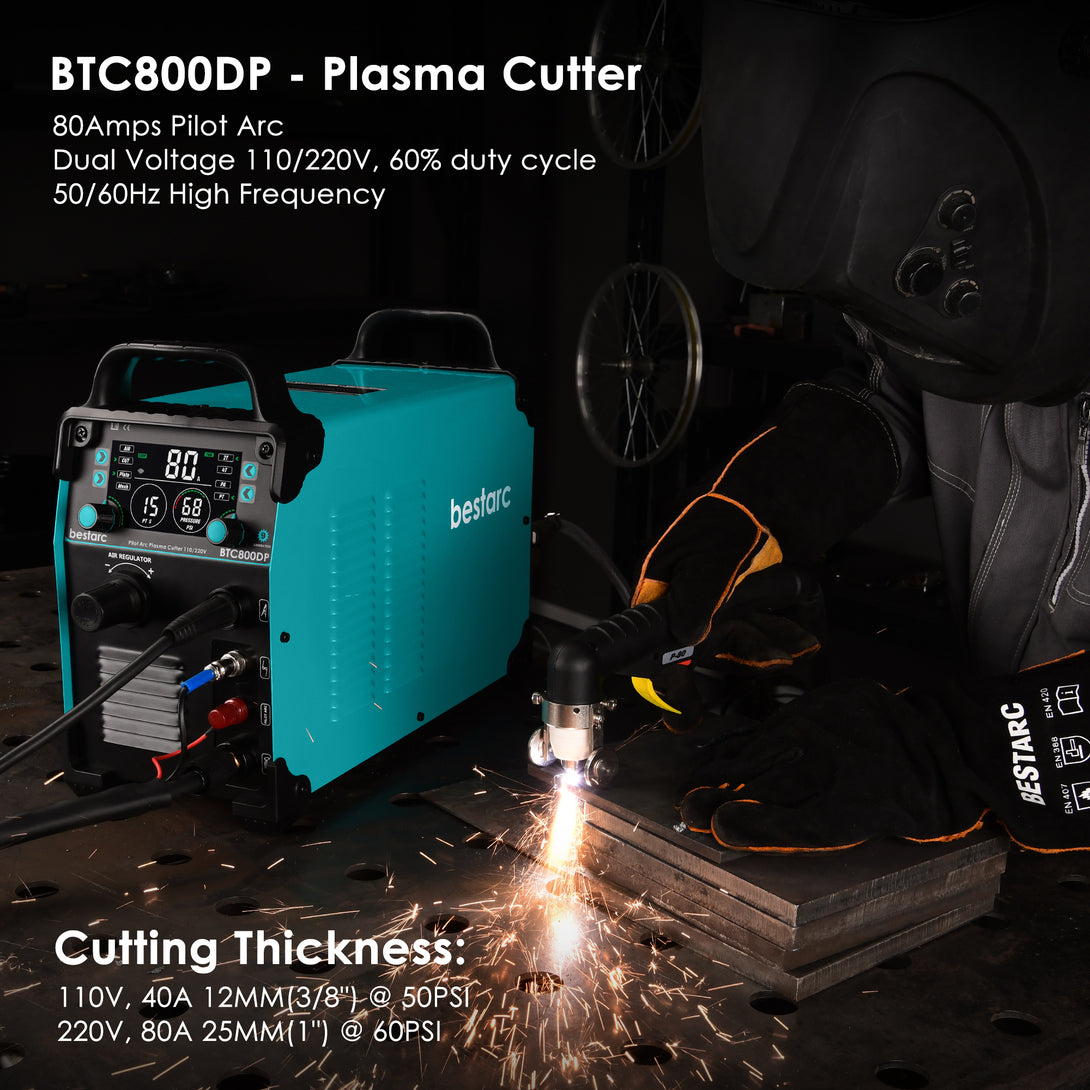 BTC800DP 9GEN plasma cutter cutting thickness chart showing 12mm (3/8 inch) at 110V 40A 50PSI and 25mm (1 inch) at 220V 80A 60PSI.