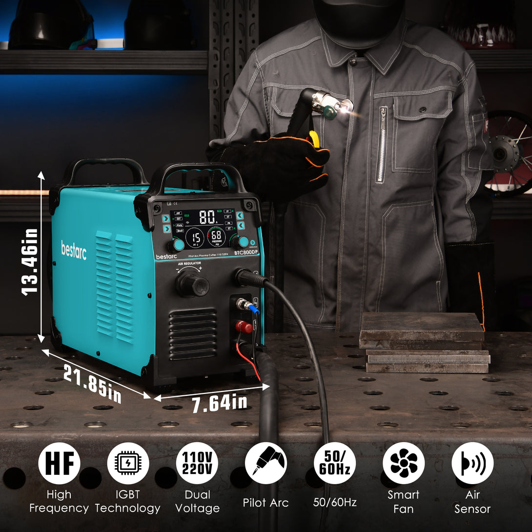 BTC500DP-10GEN pilot arc plasma cutter with high frequency, IGBT inverter technology, dual voltage 110V 220V, smart fan, air pressure sensor, 50 60Hz, compact size 21.85 x 13.46 x 7.64 inches