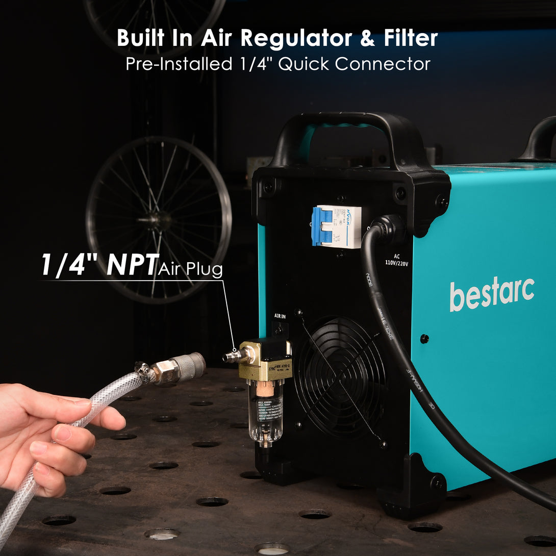 BTC800DP 9GEN plasma cutter with built-in air regulator and filter, featuring a pre-installed 1/4 inch quick-connect air fitting.