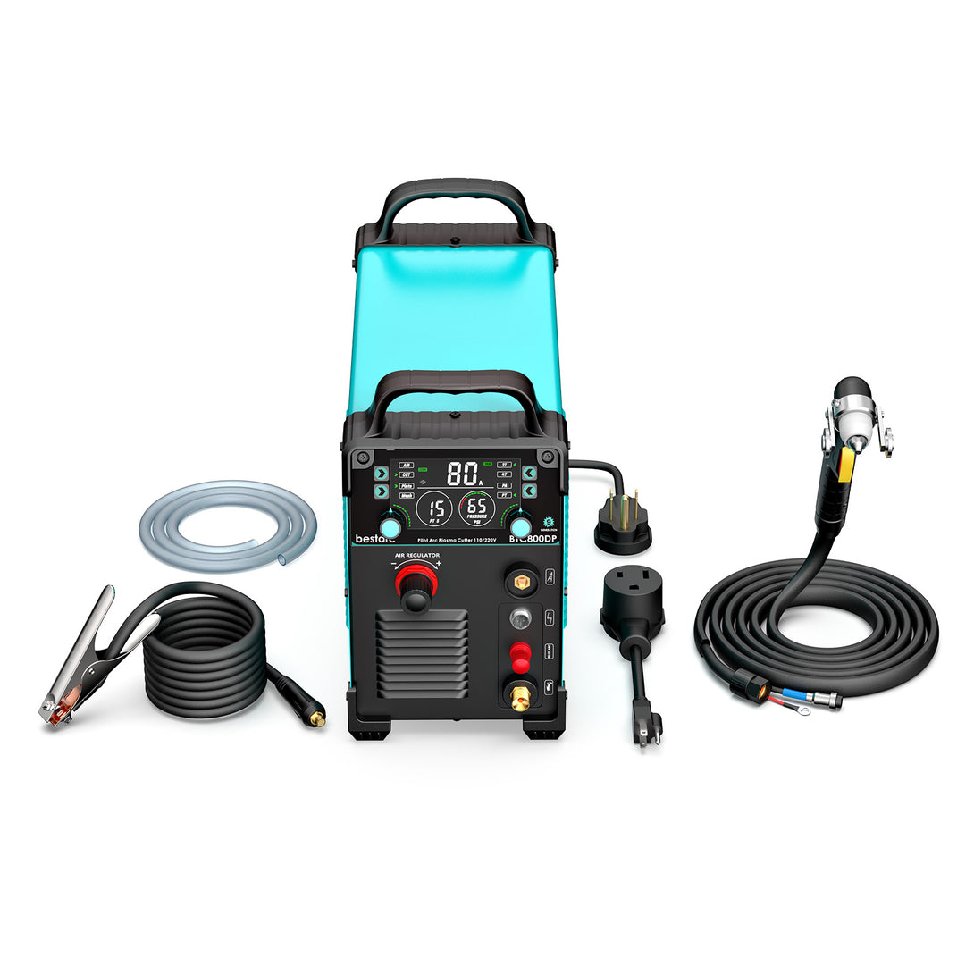 bestarc BTC800DP 9GEN 80A pilot arc plasma cutter with accessories: P80 torch, tips, ground clamp, power adapter, and user manual.
