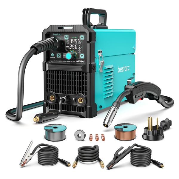 bestarc MIG145 9GEN 145A MIG welder accessories including manual, ground clamp, torch, and tips.