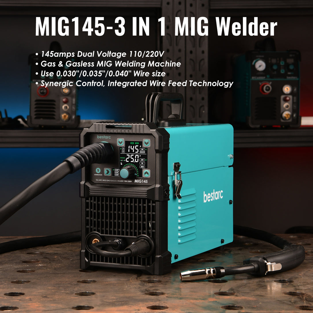 145 Amp dual voltage MIG145 3-in-1 welder for gas or gasless welding with synergic control.