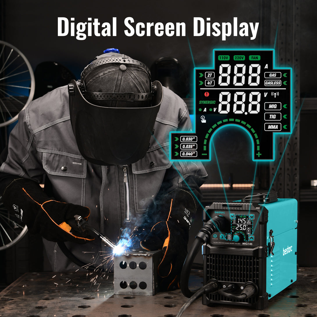 Compact Bestarc MIG welder with digital display for easy parameter adjustment, voltage, current, and wire size.
