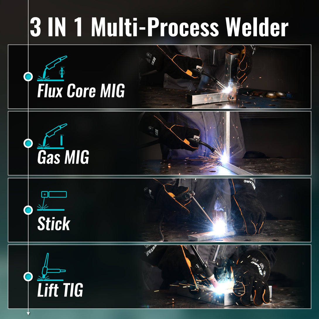 Versatile bestarc 4-in-1 Multi-Process Welder supporting Flux Core MIG, Gas MIG, Stick, and Lift TIG welding function.