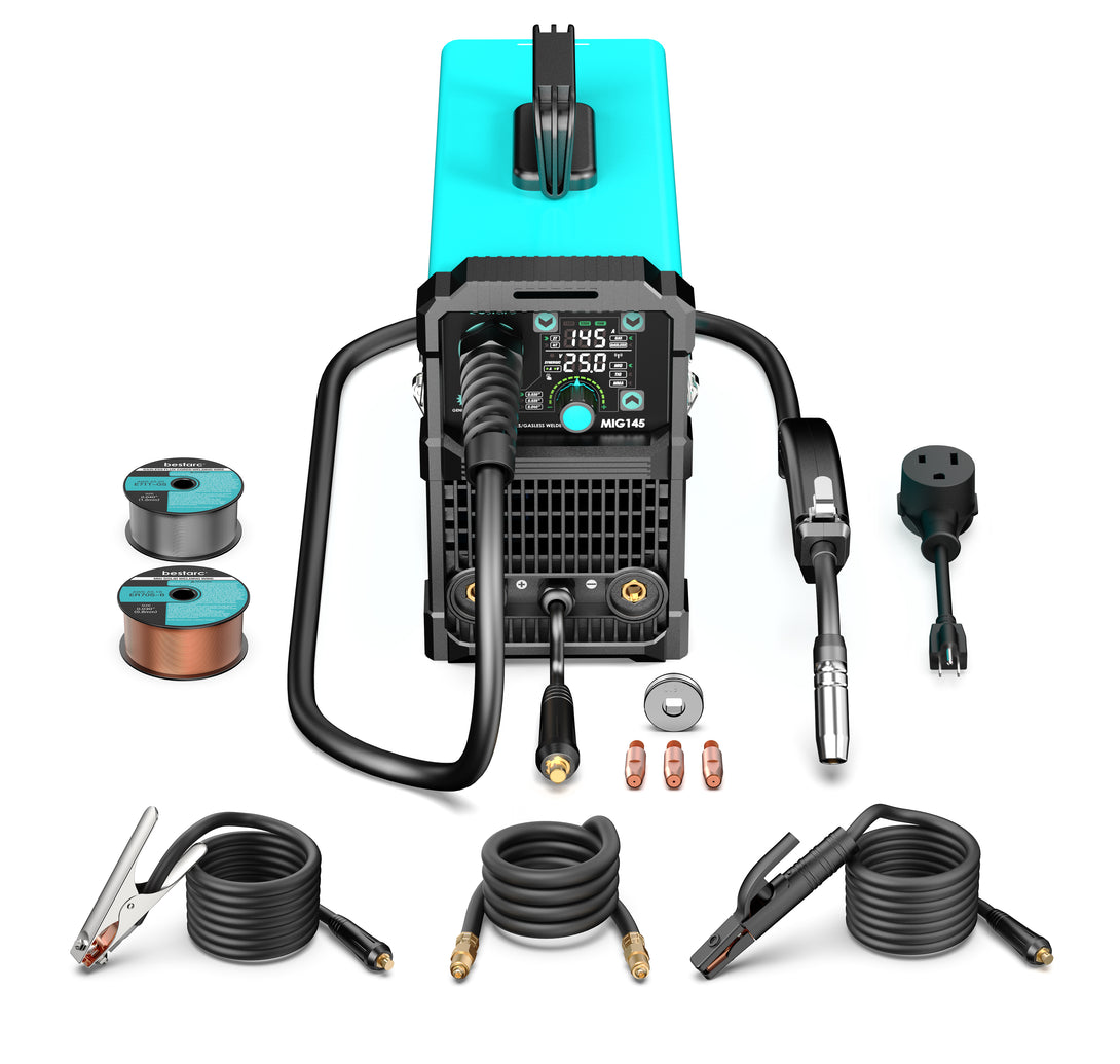 bestarc MIG145 9GEN 145A MIG welder accessories including manual, ground clamp, torch, tips and so on.