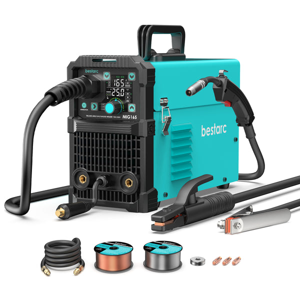 bestarc MIG165 11GEN 145A MIG welder accessories including manual, ground clamp, torch, and tips.