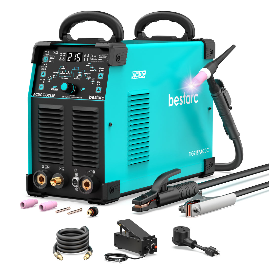 Bestarc TIG215ACDC welder with accessories including torch, ground clamp, stick holder, gas hose, foot pedal, and power adapter.