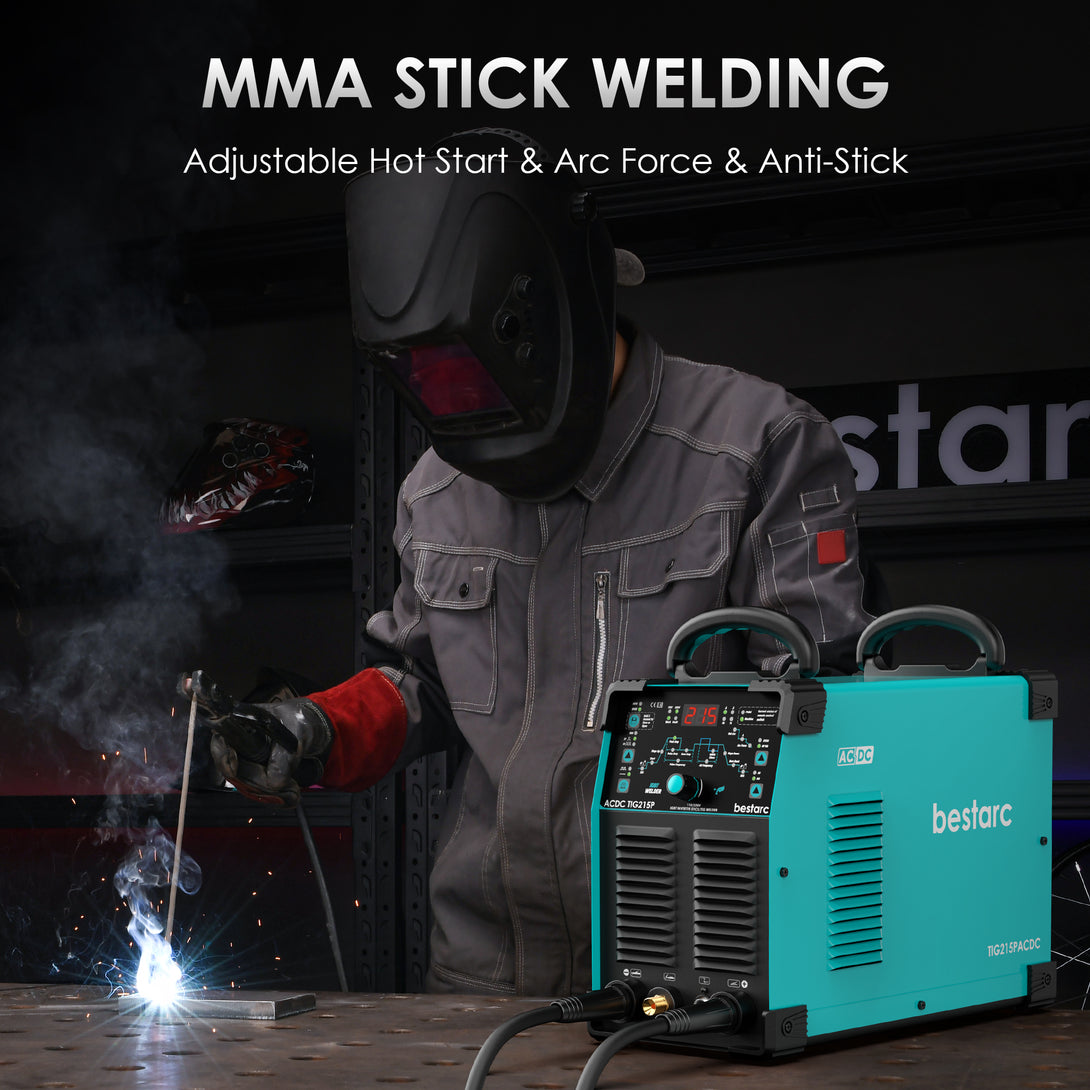 bestarc TIG215ACDC TIG welder showcasing adjustable hot start, arc force, and anti-stick features for MMA stick welding