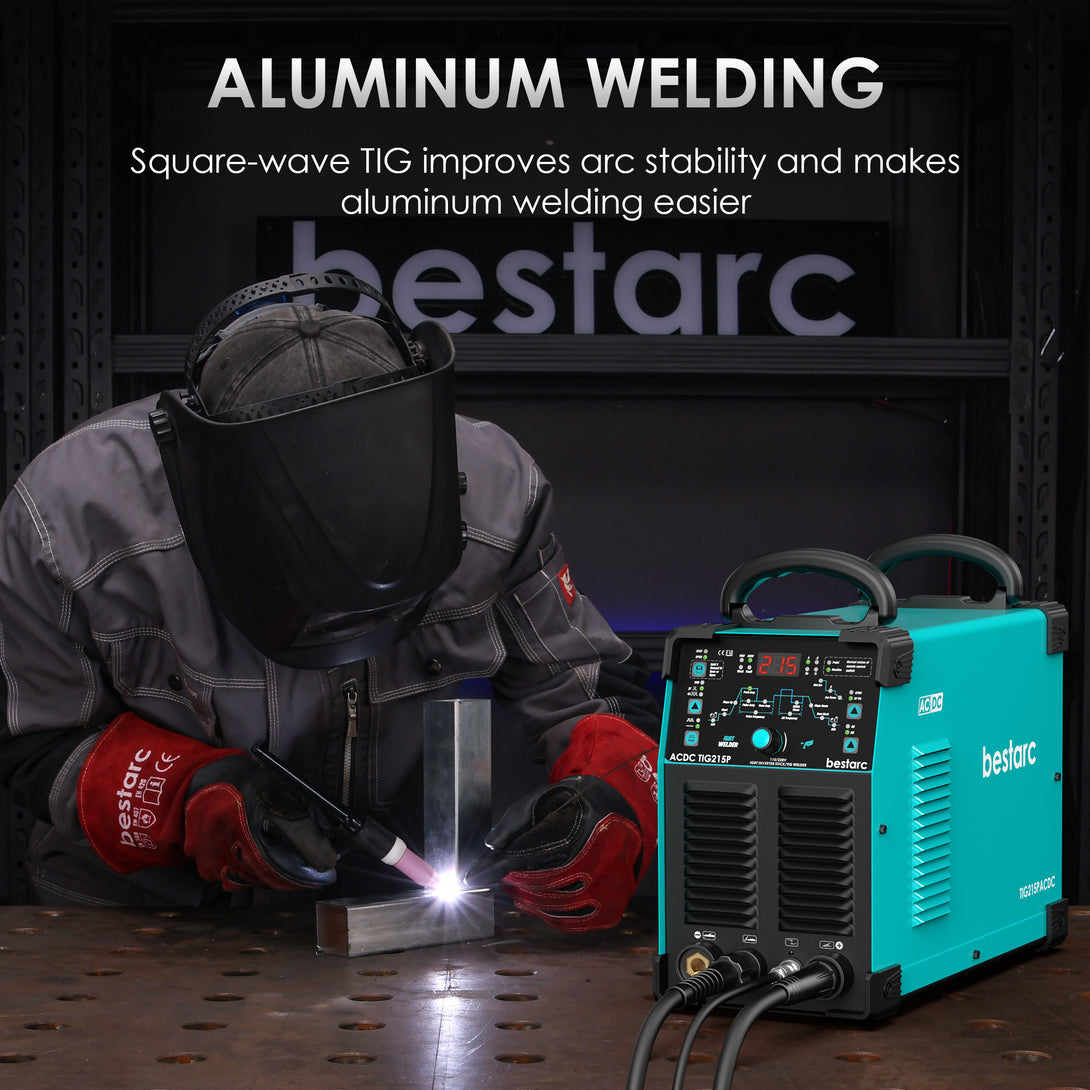 bestarc TIG215ACDC TIG welder demonstrating improved aluminum welding performance with square-wave TIG for enhanced arc stability.