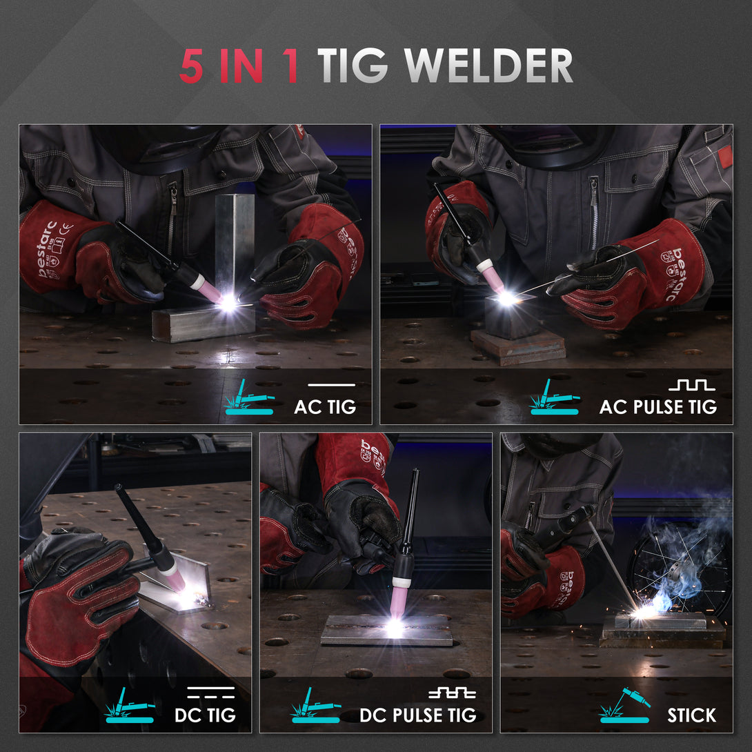 5 in 1 TIG welder supporting AC TIG, AC Pulse TIG, DC TIG, DC Pulse TIG, and Stick welding.