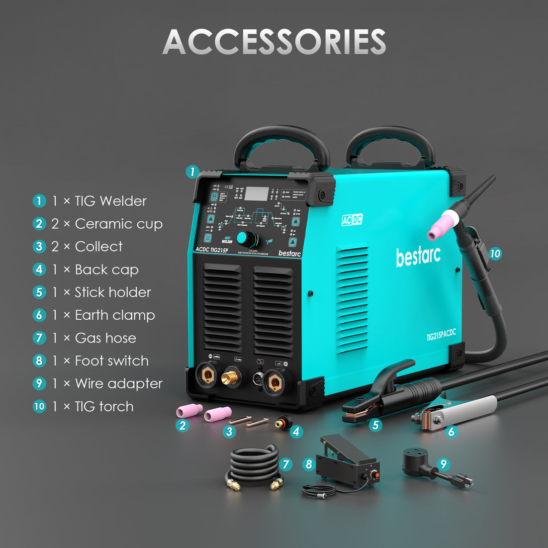 Bestarc TIG215ACDC welder accessories including TIG torch, ceramic cups, collets, back cap, gas hose, earth clamp, stick holder, wire adapter, and foot pedal.
