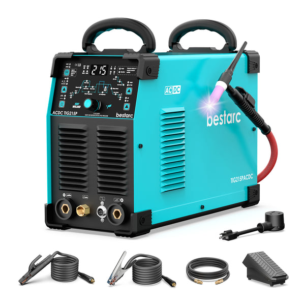Bestarc TIG215ACDC welder with accessories including torch, ground clamp, stick holder, gas hose, foot pedal, and power adapter.