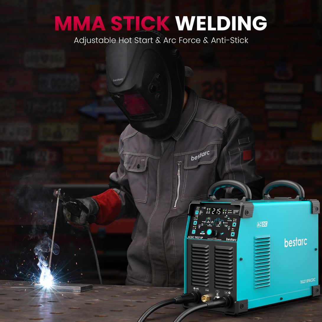 bestarc TIG215ACDC TIG welder showcasing adjustable hot start, arc force, and anti-stick features for MMA stick welding