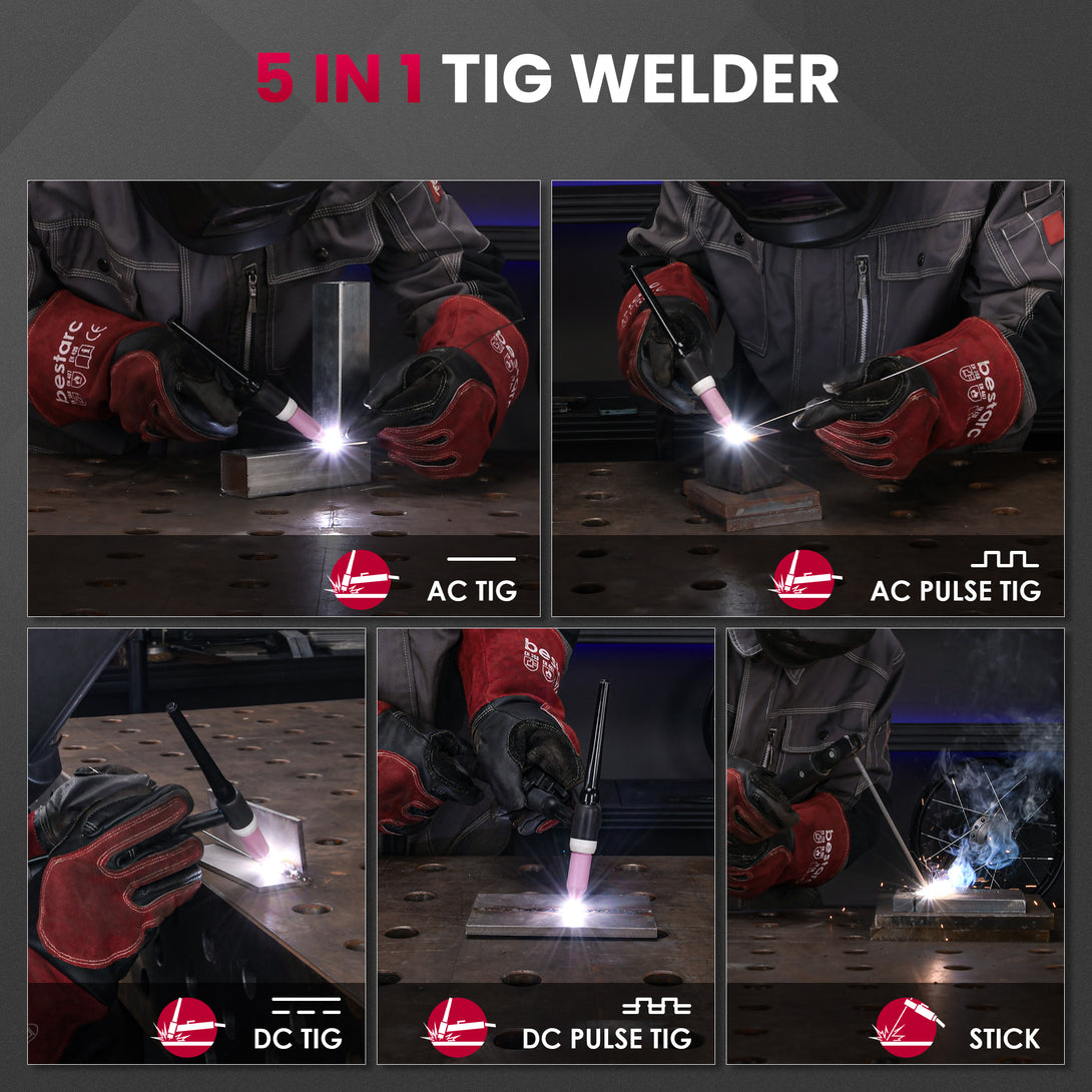 5 in 1 TIG welder supporting AC TIG, AC Pulse TIG, DC TIG, DC Pulse TIG, and Stick welding.