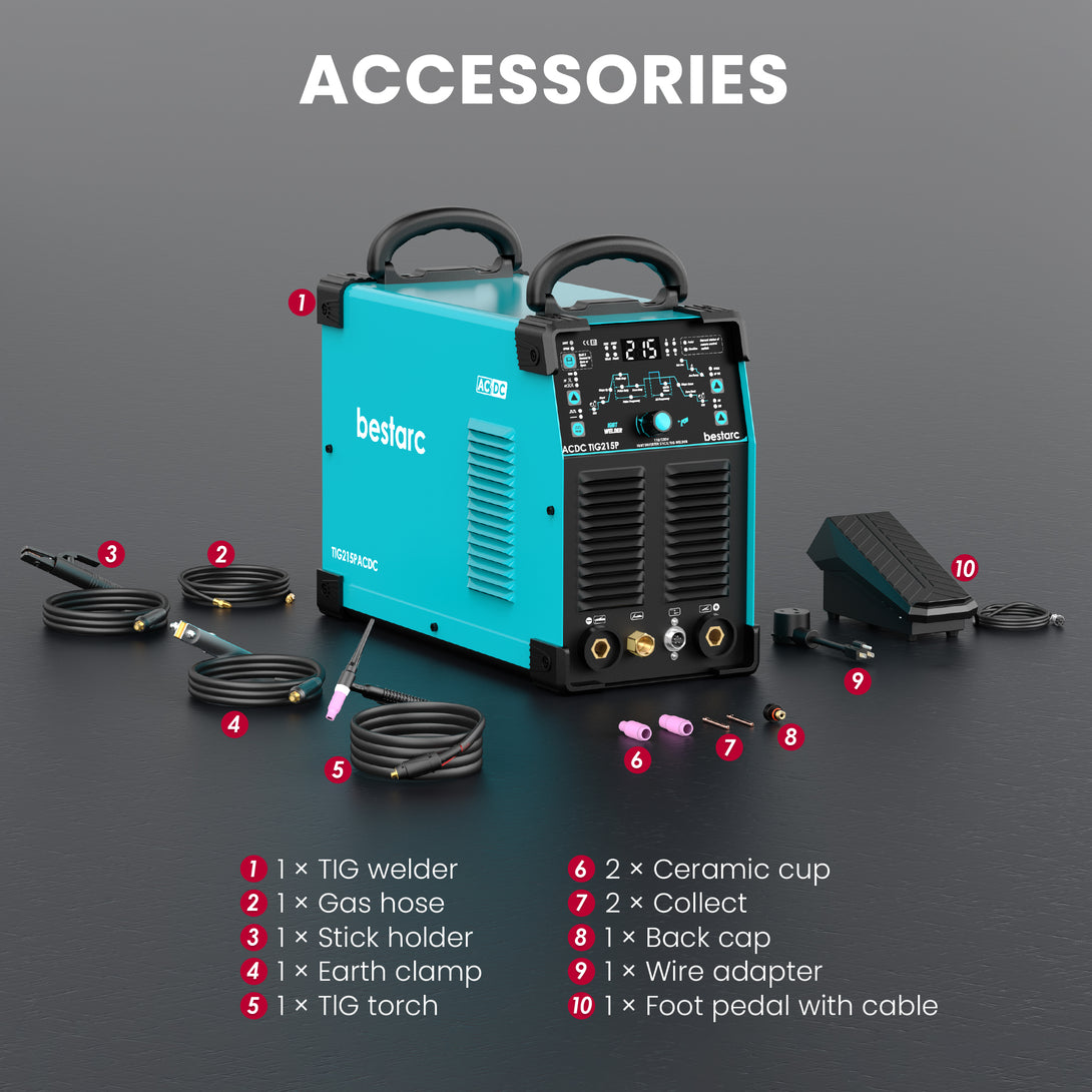 Bestarc TIG215ACDC welder accessories including TIG torch, ceramic cups, collets, back cap, gas hose, earth clamp, stick holder, wire adapter, and foot pedal.